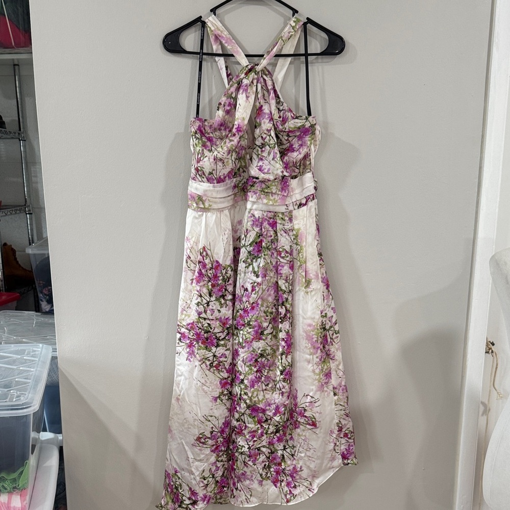 Bebe halter floral oriental asymmetrical hem midi satin dress